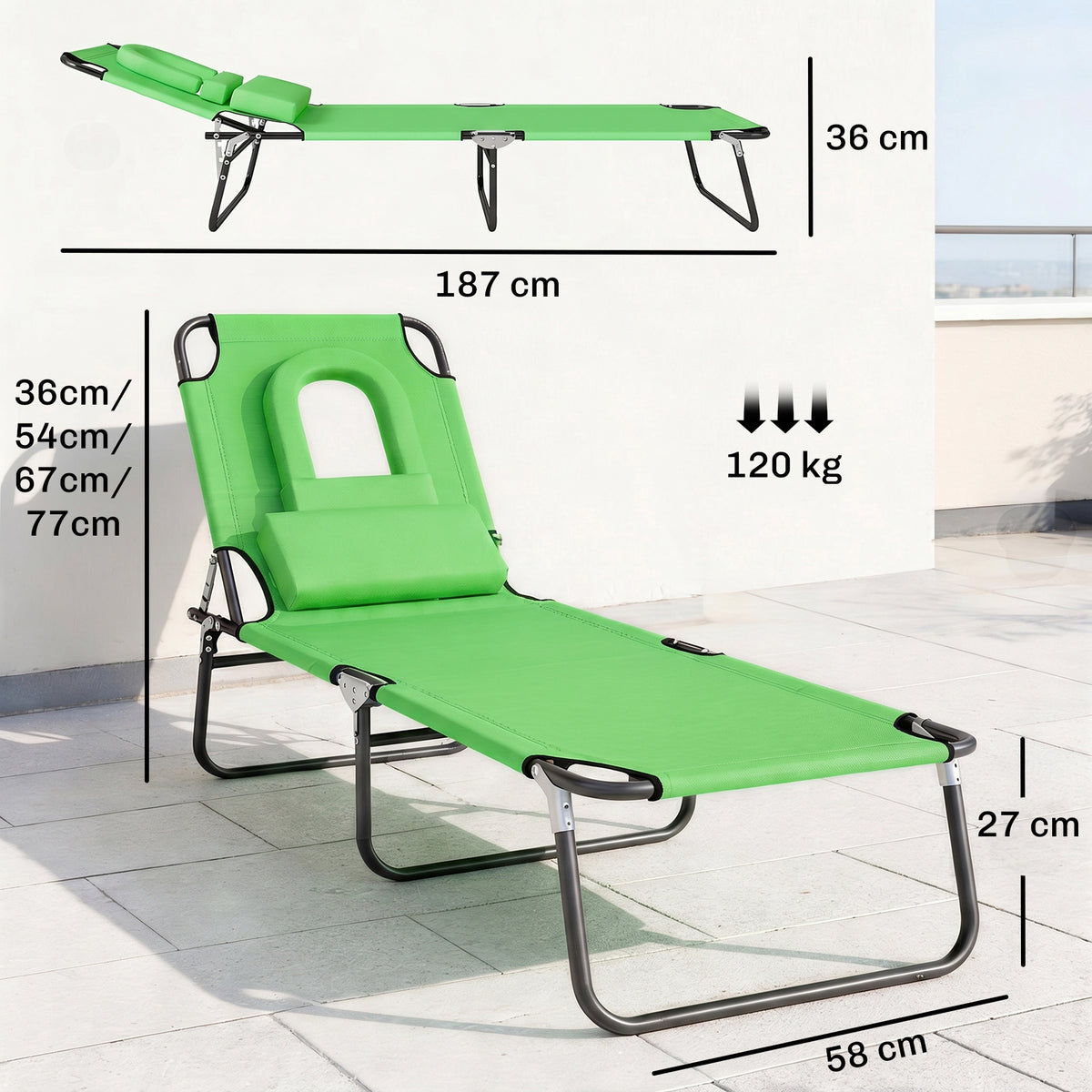 Green adjustable sun lounger with face hole, cushioned pillow, and black metal frame.
