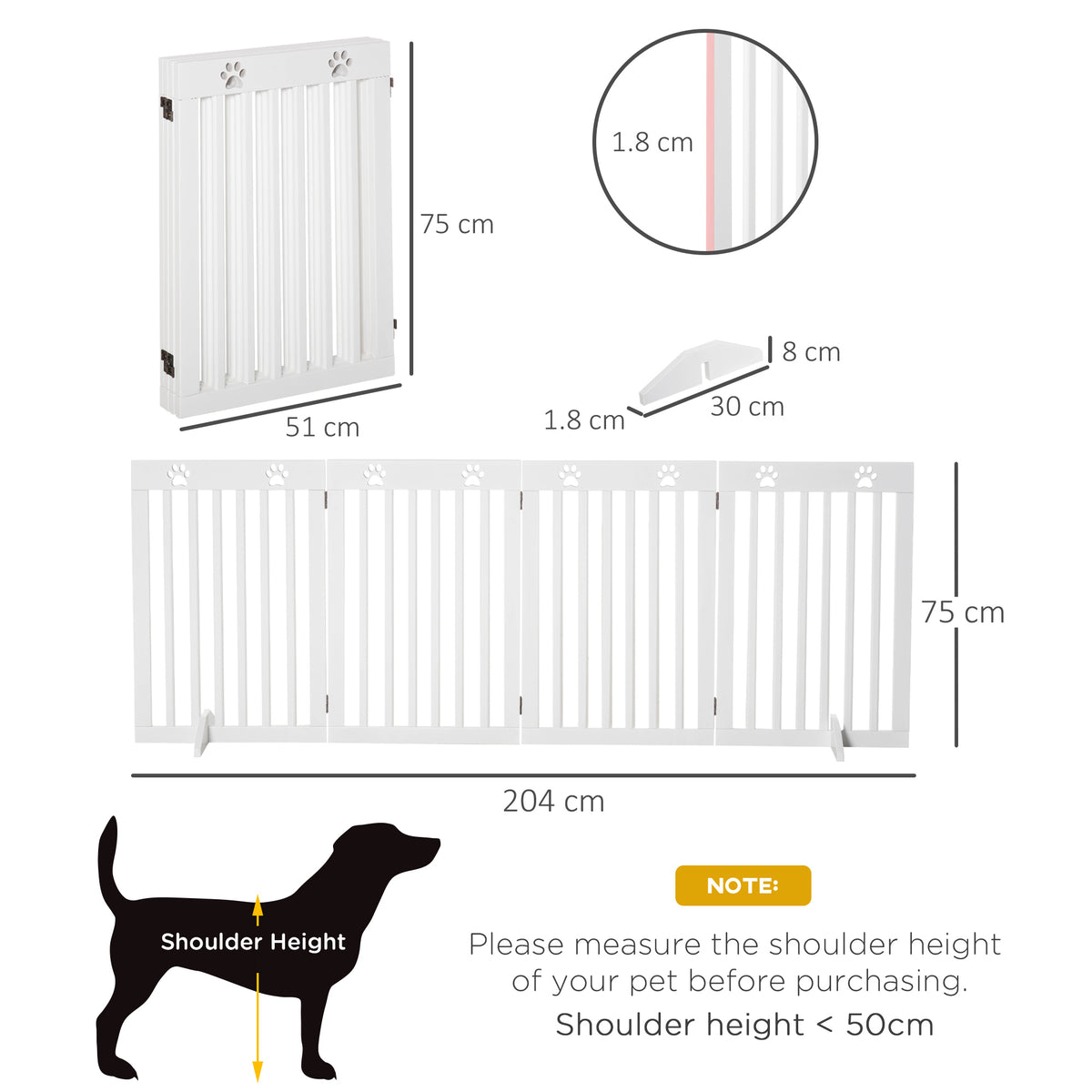 White wooden pet gate folded flat, with dimensions and removable support feet shown