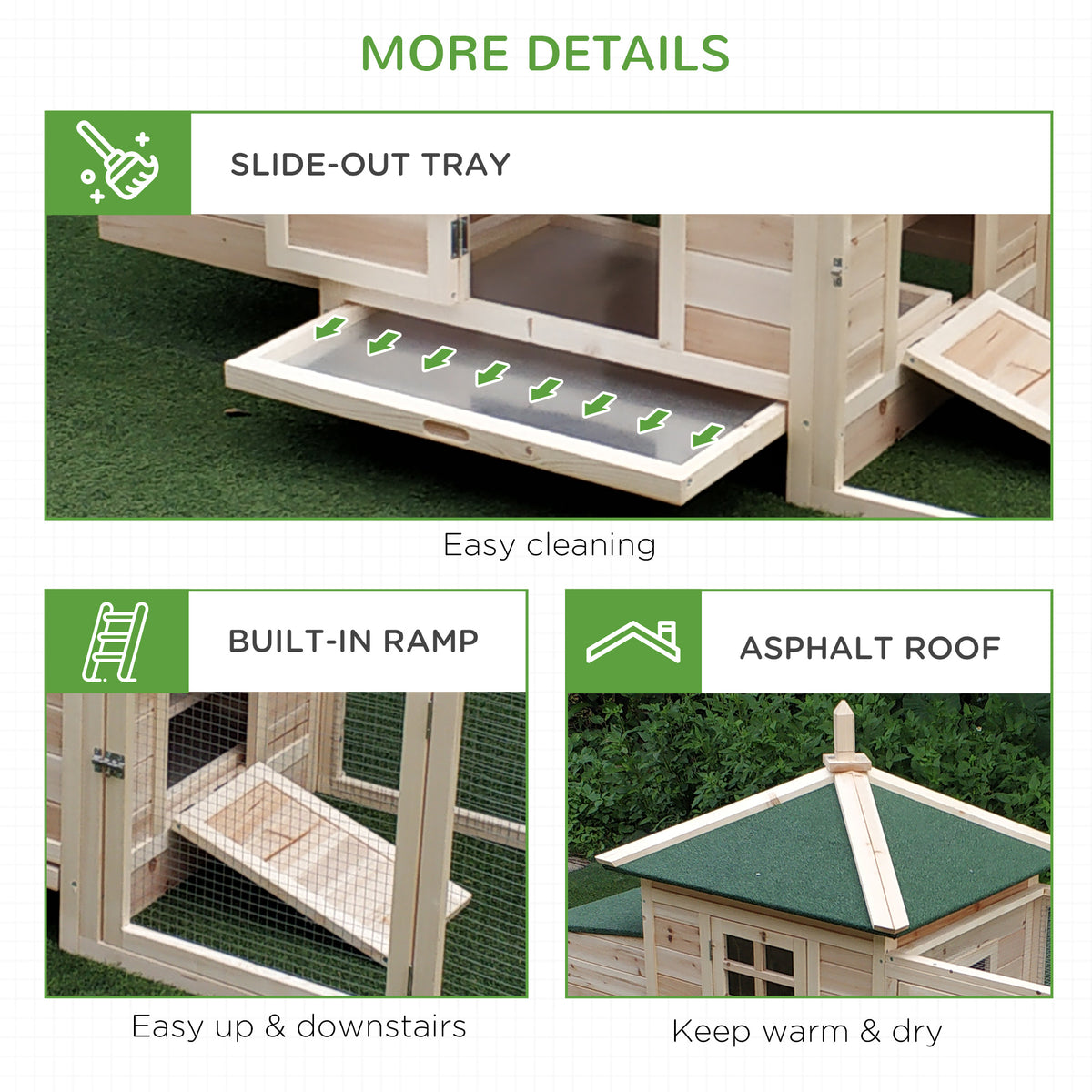 Chicken coop details showing slide-out tray, built-in ramp and asphalt roof