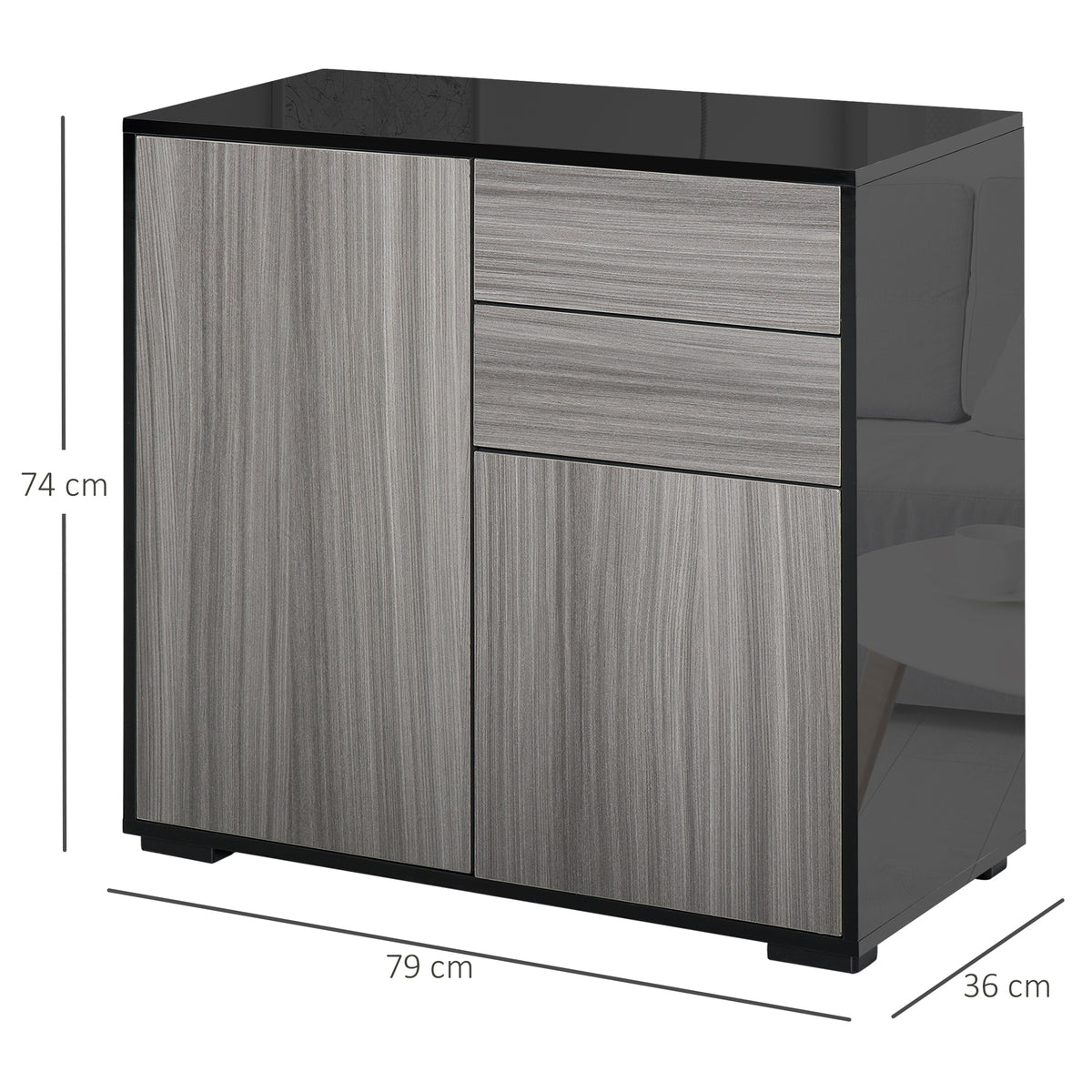 Light gray and black sideboard with one door, two drawers, and dimensions of 74 x 79 x 36 cm.