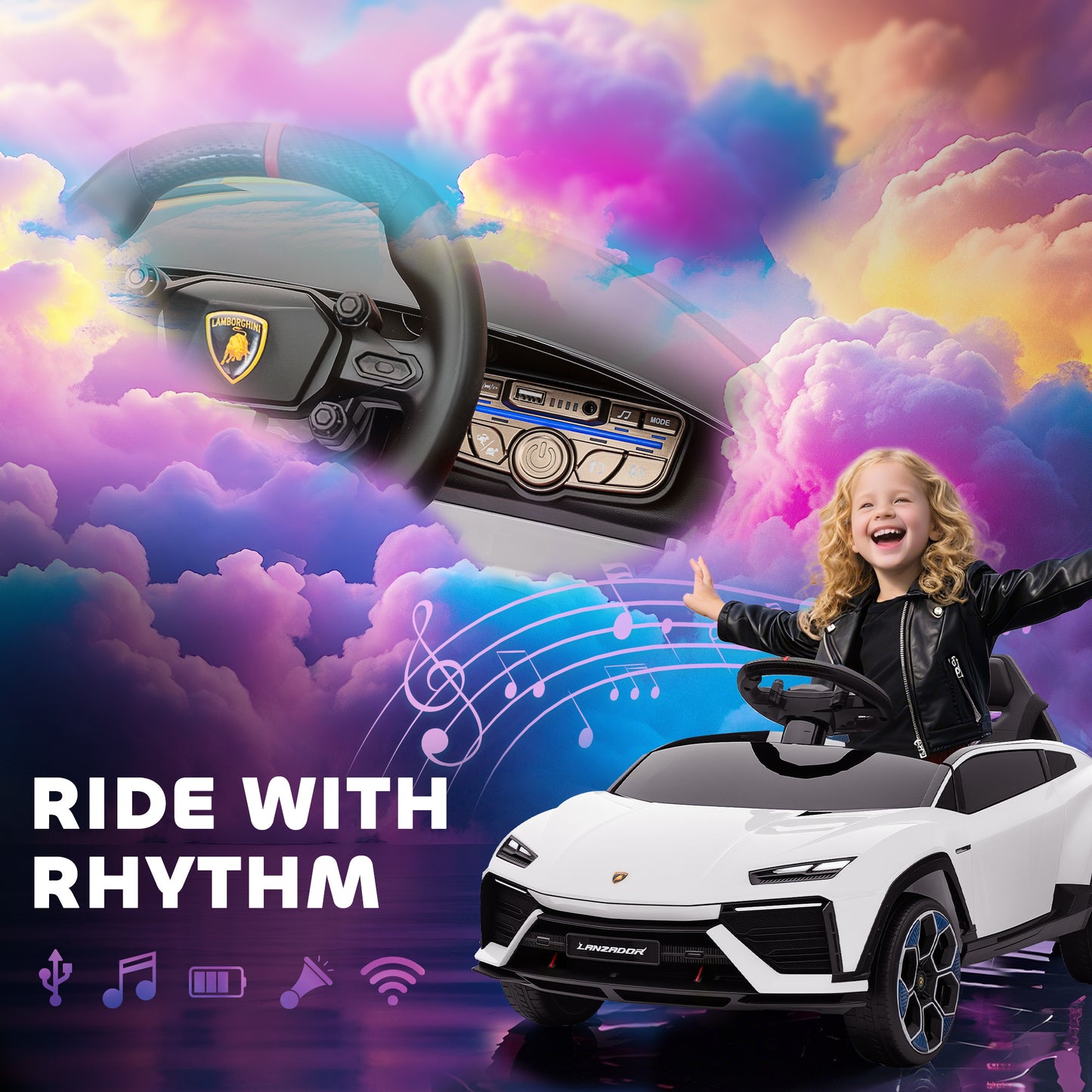 AIYAPLAY 12V Licensed Lamborghini Electric Cars for Kids, Ride On Car with Remote Control for 3-6 Years Old, White