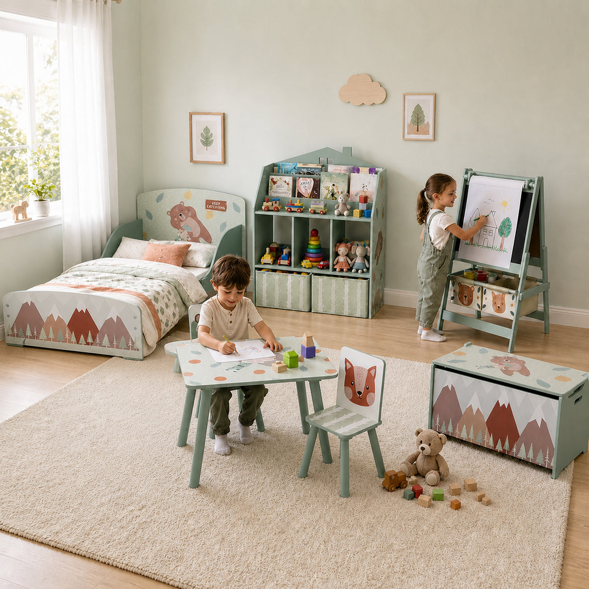 AIYAPLAY Kids Bookshelf with Storage, Toy Storage Unit with Book Display, Shelves and Fabric Drawers for Playroom Nursery, Green
