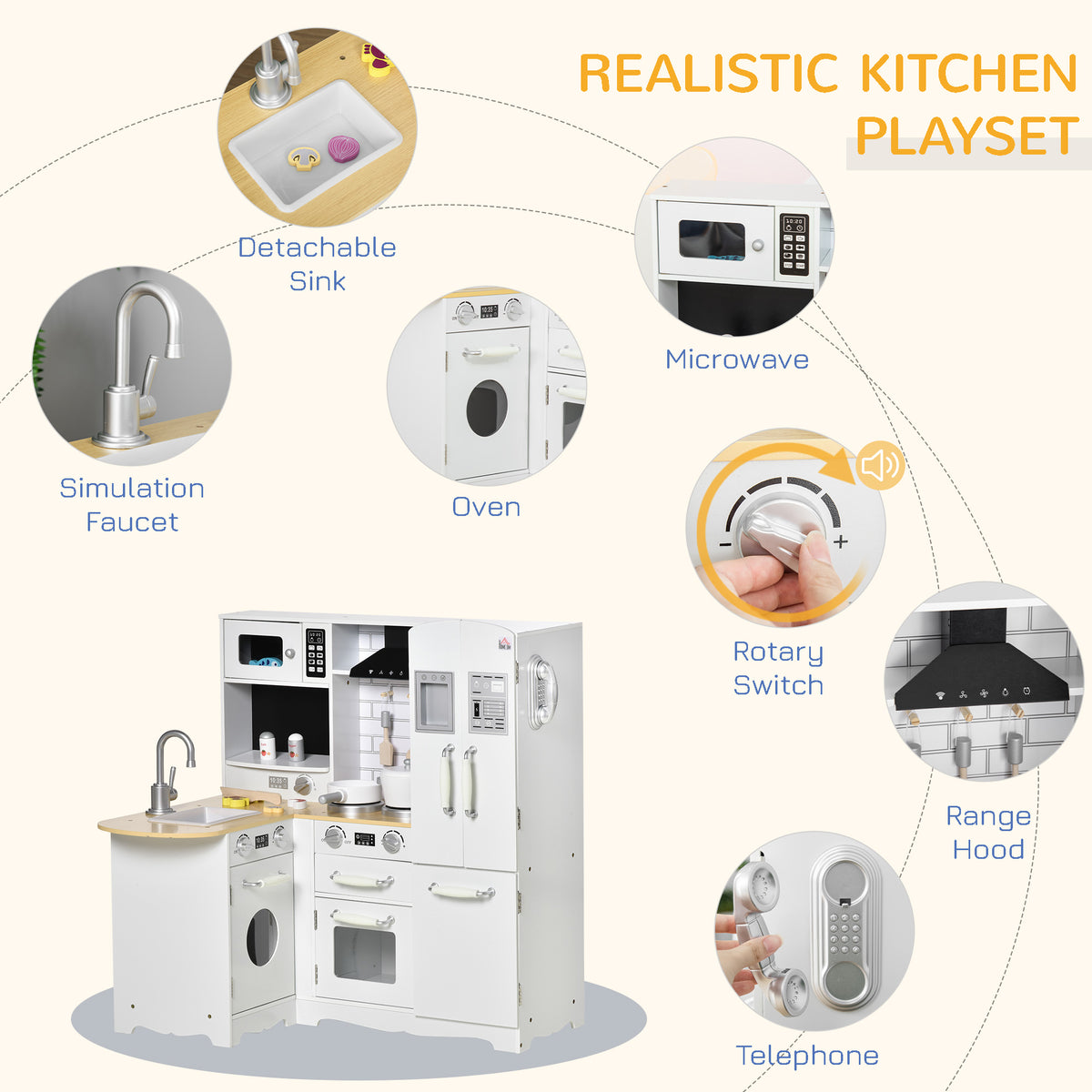 HOMCOM kids' play kitchen with close-ups of the detachable sink, faucet, oven, microwave and range hood