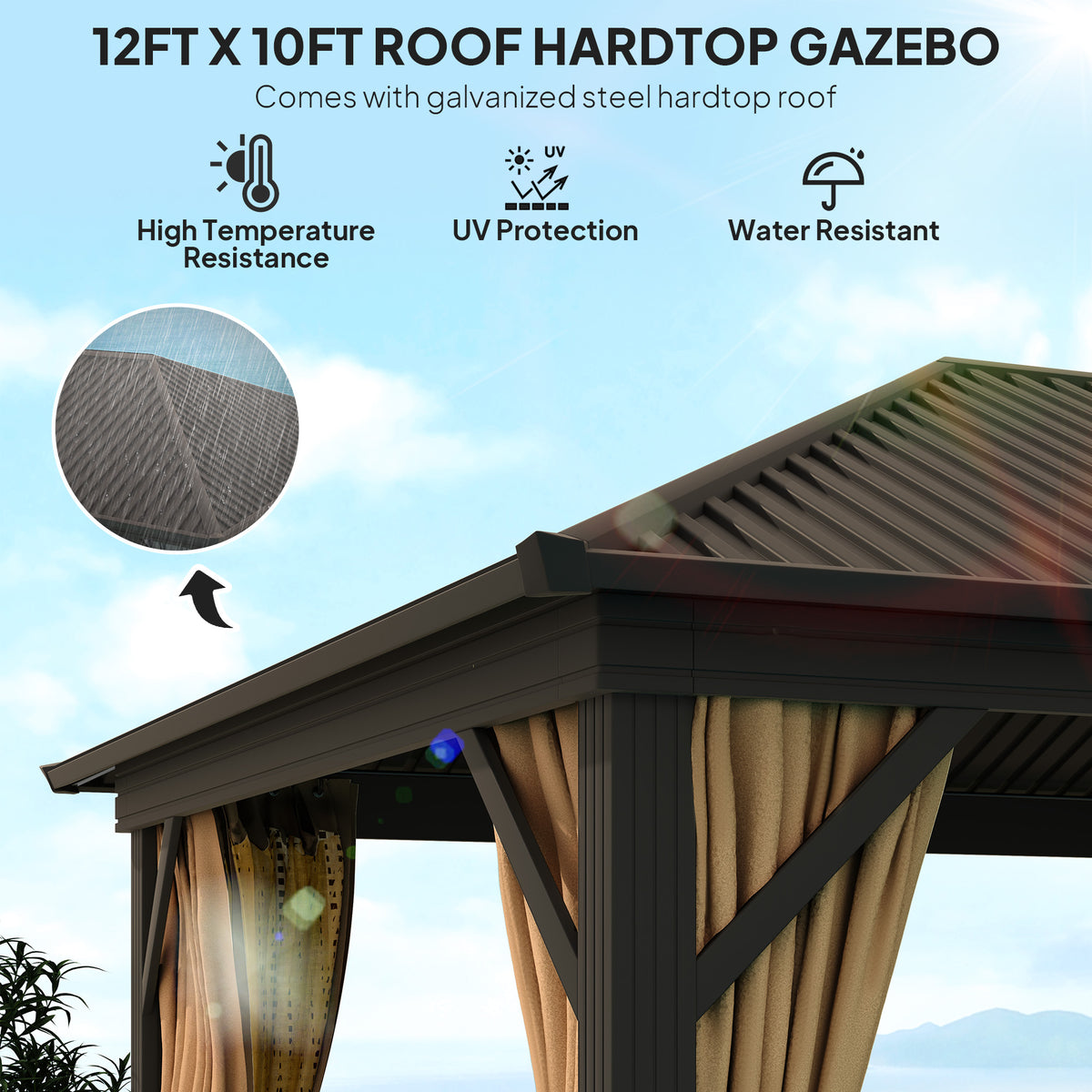 Close-up of the gazebo's ribbed hardtop roof, frame and curtain