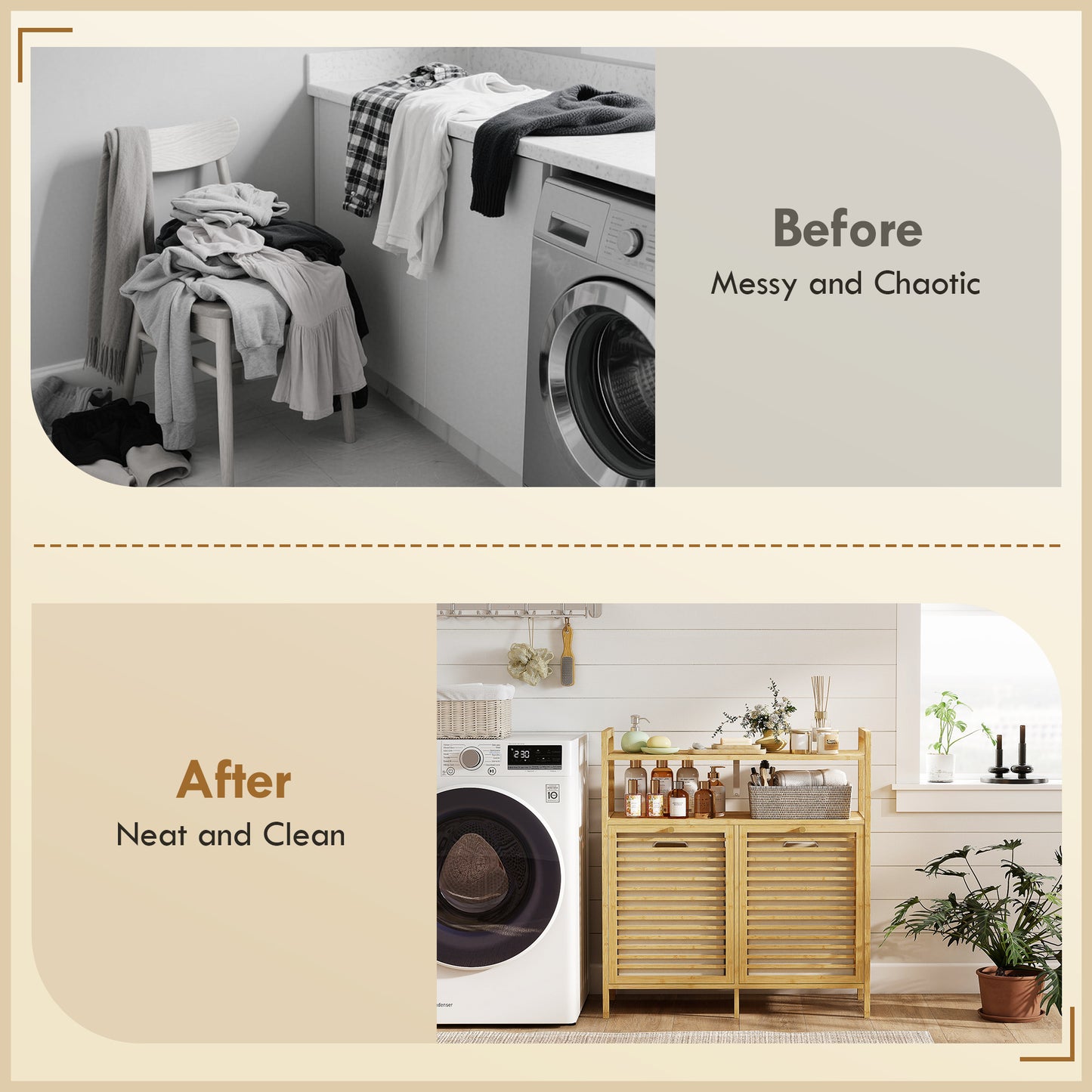 HOMCOM Double Tilt Out Bamboo Laundry Cabinet, Freestanding Bathroom Cabinet with 2 Removable Baskets, Natural