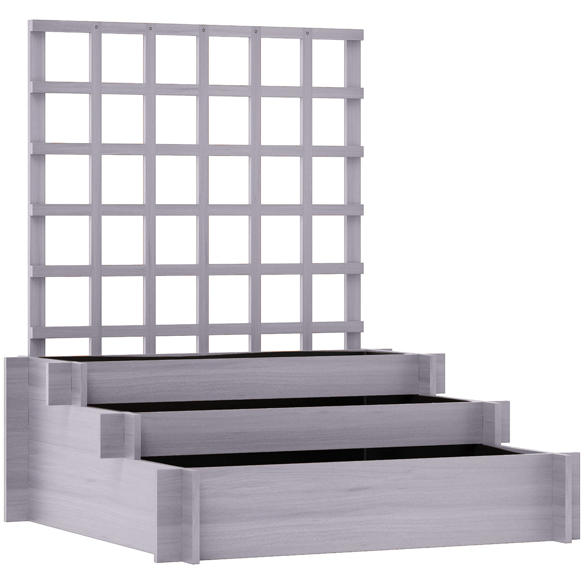 Grey three-tier wooden raised planter with climbing trellis