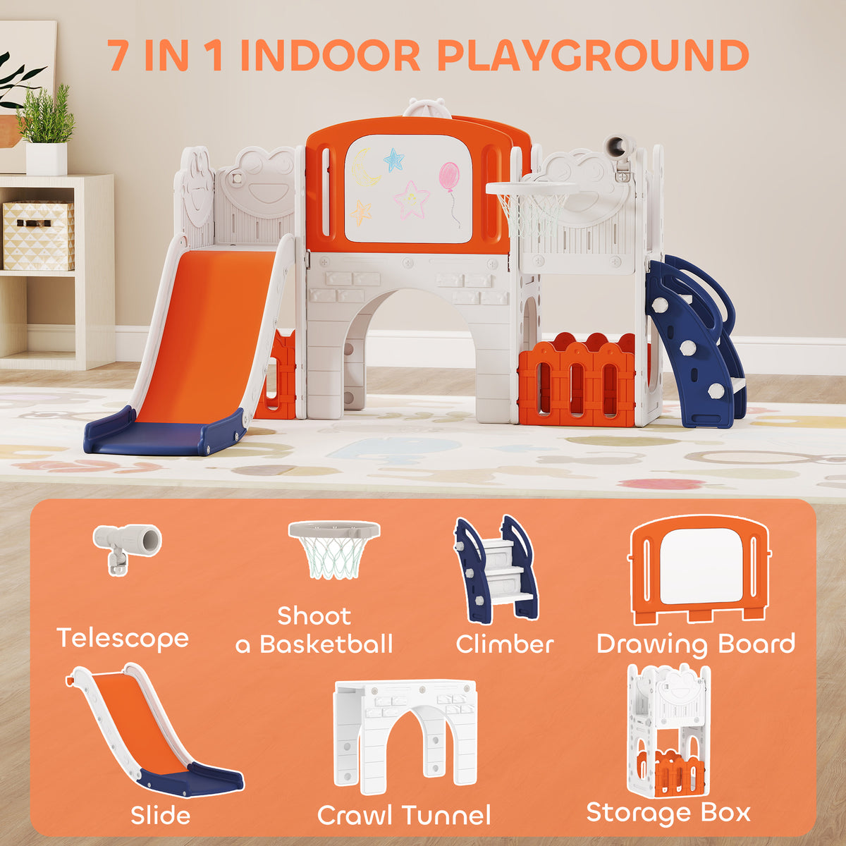 AIYAPLAY 7 in 1 Toddler Slide Set with Basketball Hoop, Climbing Frame, Telescope, Drawing Board, Storage Box, Orange