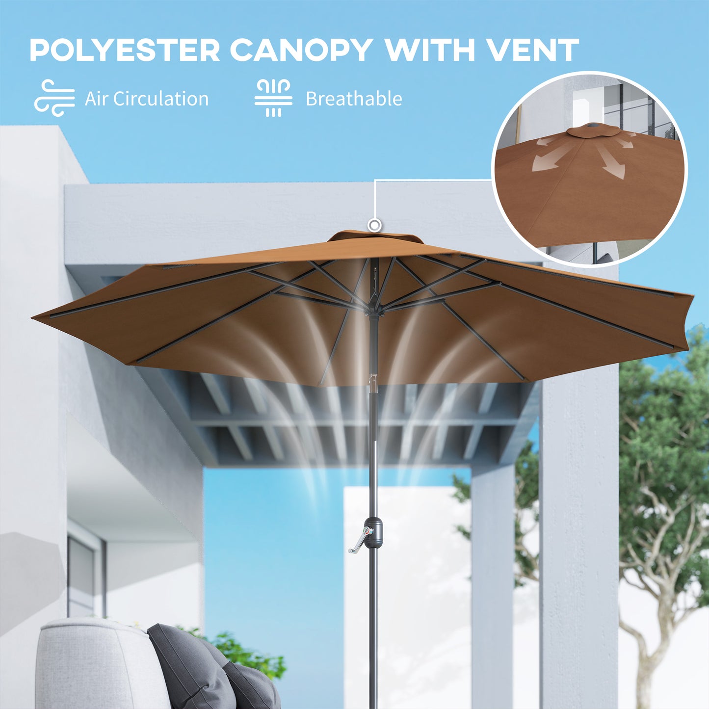 Outsunny 3(m) Tilting Parasol Garden Umbrellas, Outdoor Sun Shade with 8 Ribs, Tilt and Crank Handle for Balcony, Bench, Garden, Coffee