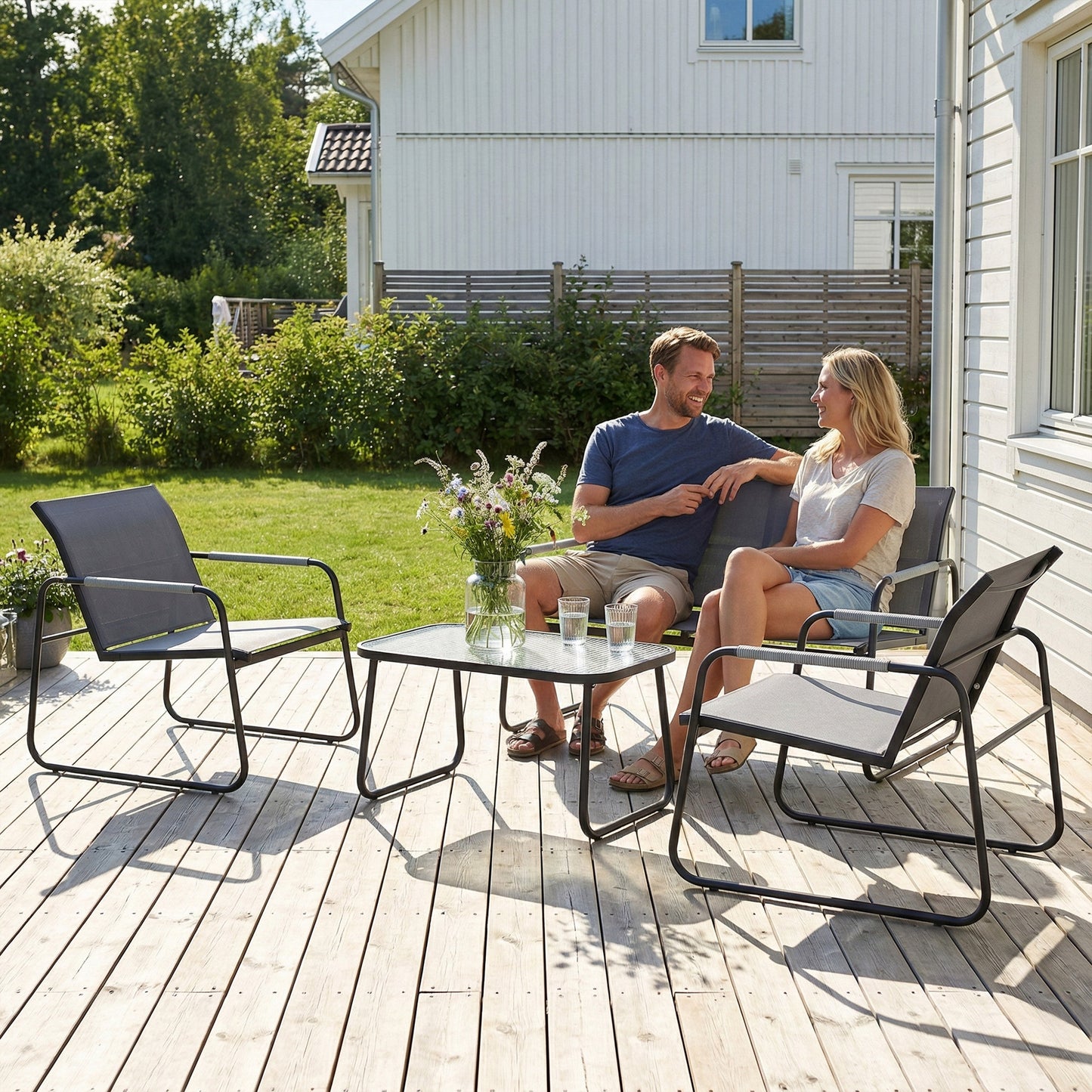Outsunny 4 Piece Garden Furniture Set, Garden Sofa Set with Loveseat, 2 Armchairs, Tempered Glass Table for Balcony, Grey