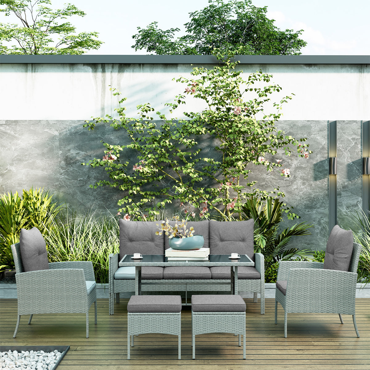Outsunny 7 Seater Rattan Garden Furniture Set, 6 Piece Patio Dining Set, Armchairs, 3-Seater Sofa, Footstools, Glass Dining Table, Cushions, Wicker Outdoor Furniture for Conservatory Patio, Grey
