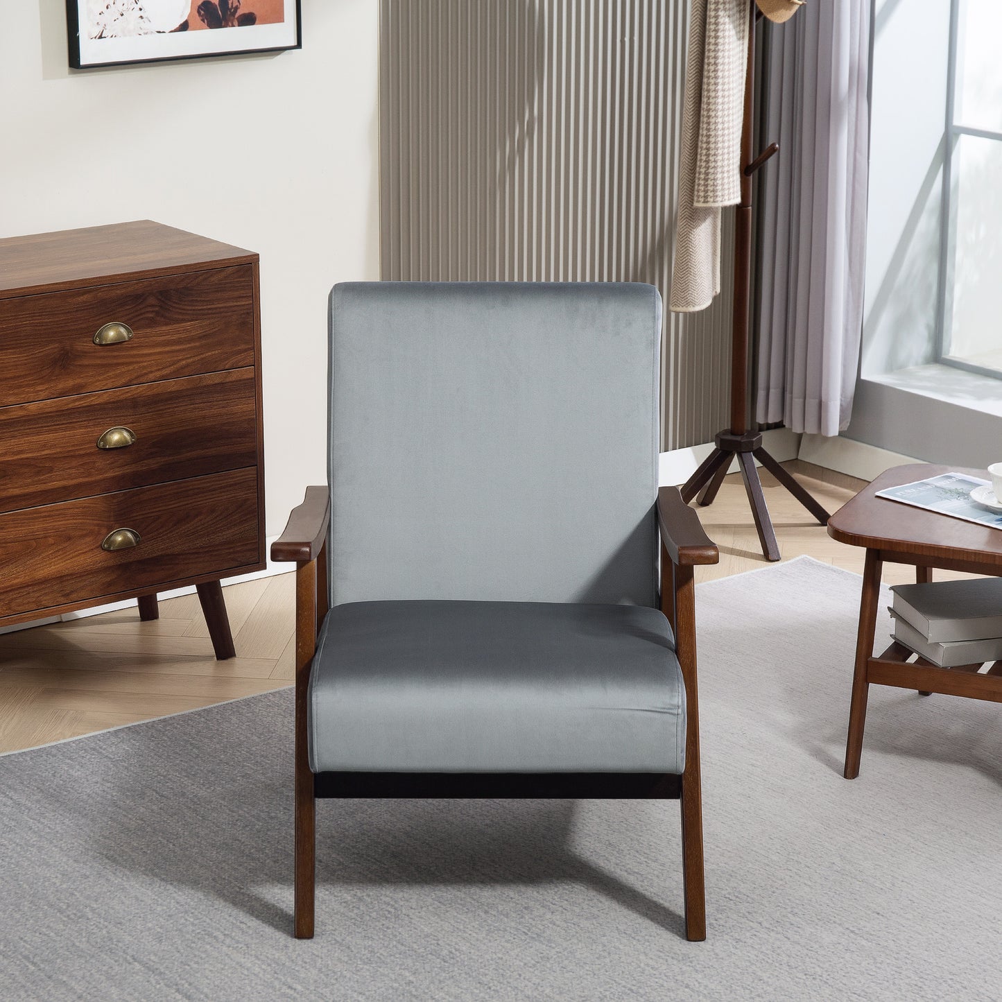 HOMCOM Nordic Accent Chair, Upholstered Velvet Armchair with Solid Wood Frame and Soft Thick Padded for Living Room, Bedroom, Grey