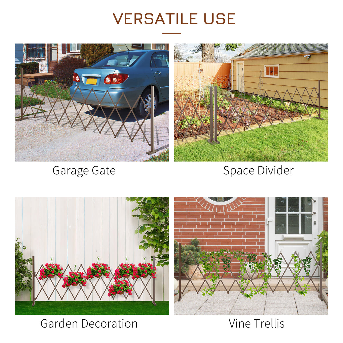 Outsunny dark brown expanding trellis fence shown as a gate, divider, garden screen, and vine support