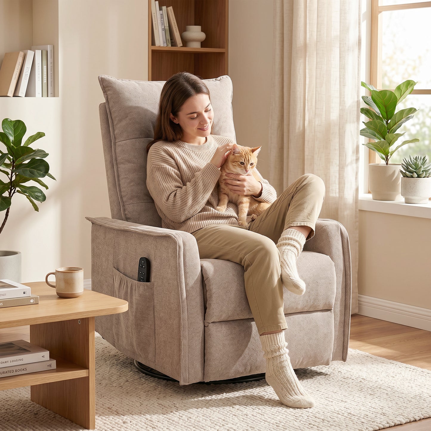 HOMCOM Recliner Armchair, Chenille Recliner Chair with Massage and Heat, 360° Swivel Rocking Manual Recliner, Brown