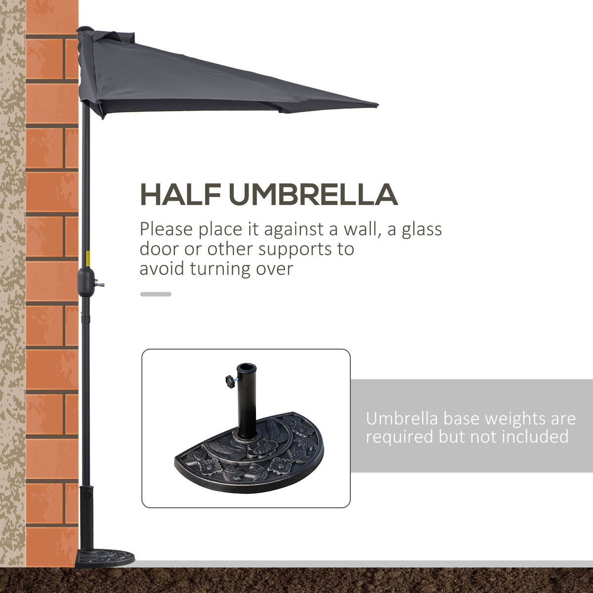 Gray half patio umbrella positioned against a wall; weighted base is not included