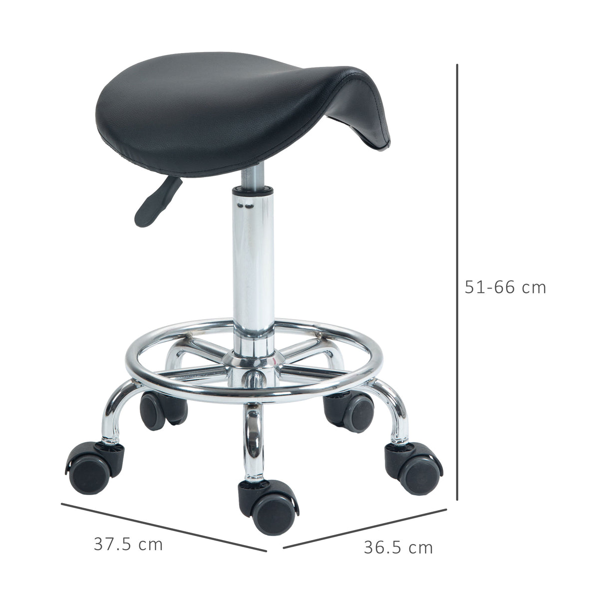 HOMCOM black saddle stool with five casters; dimensions shown as 37.5 by 36.5 cm and 51–66 cm high
