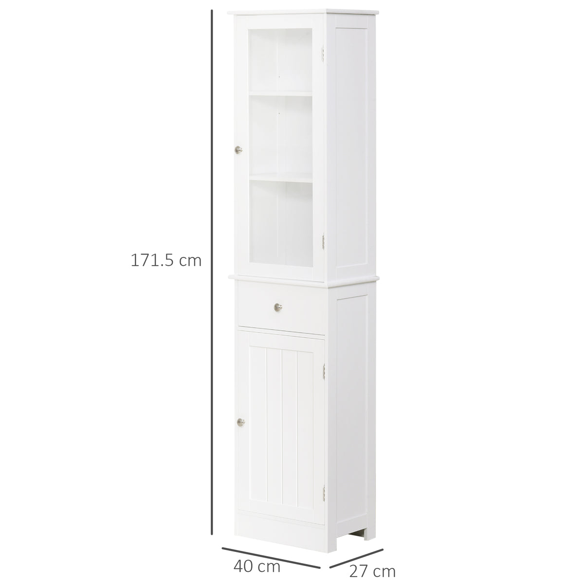 Slim white bathroom cabinet with upper display door, drawer, and lower cupboard; 171.5 cm tall