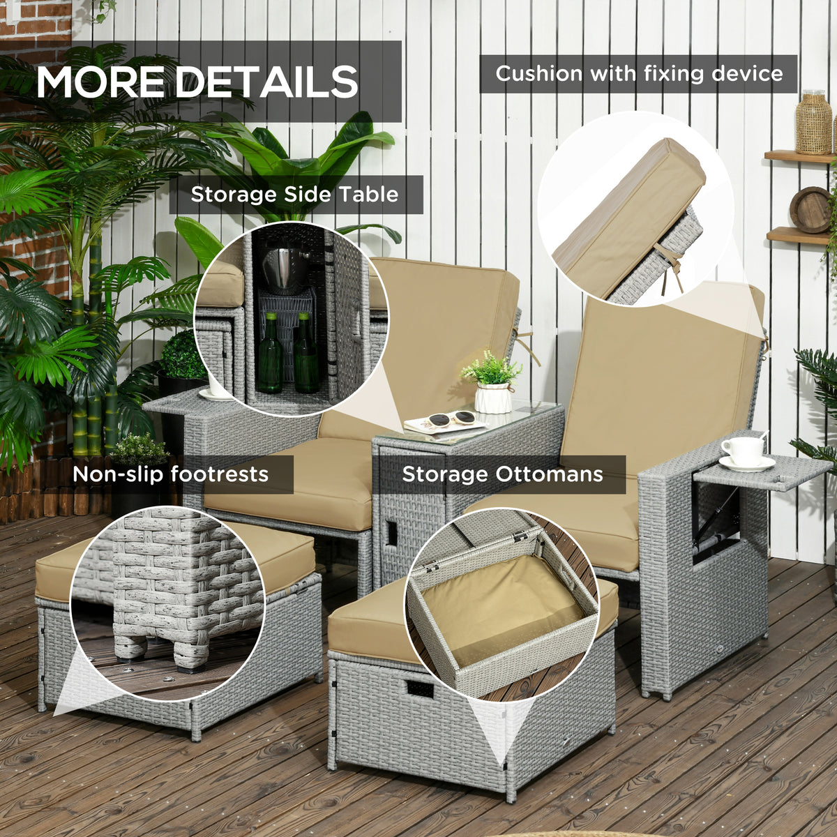 Outsunny rattan lounger set showing storage tables, storage ottomans and cushioned footrests