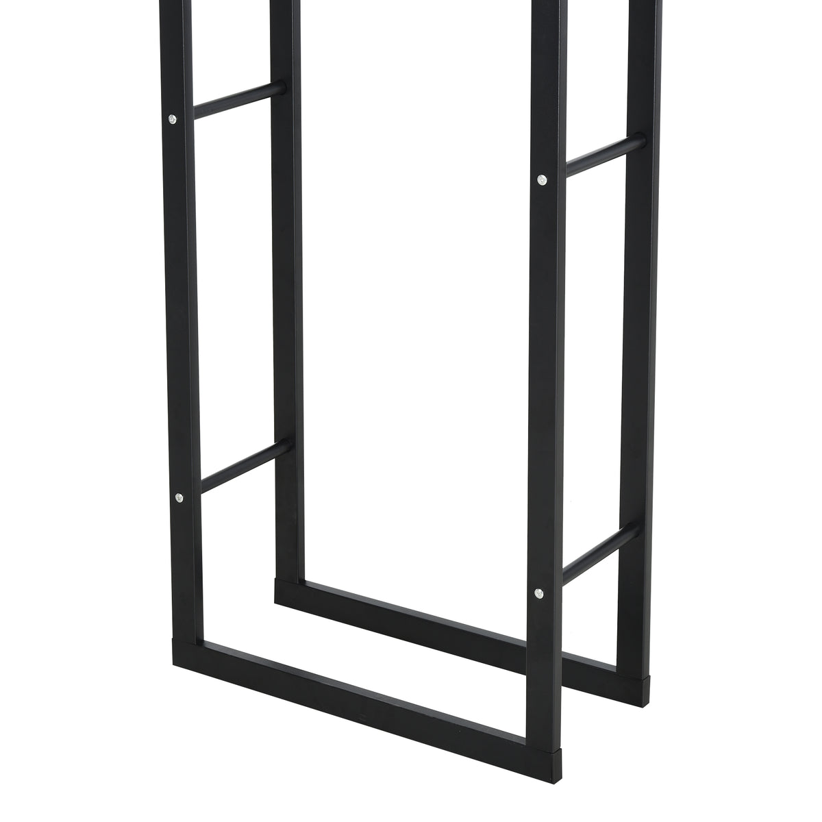 Close-up of the black metal rack's lower frame and side rails
