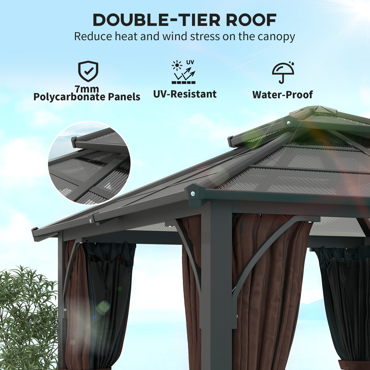 Outsunny gazebo showing its double-tier polycarbonate roof and tied brown curtains