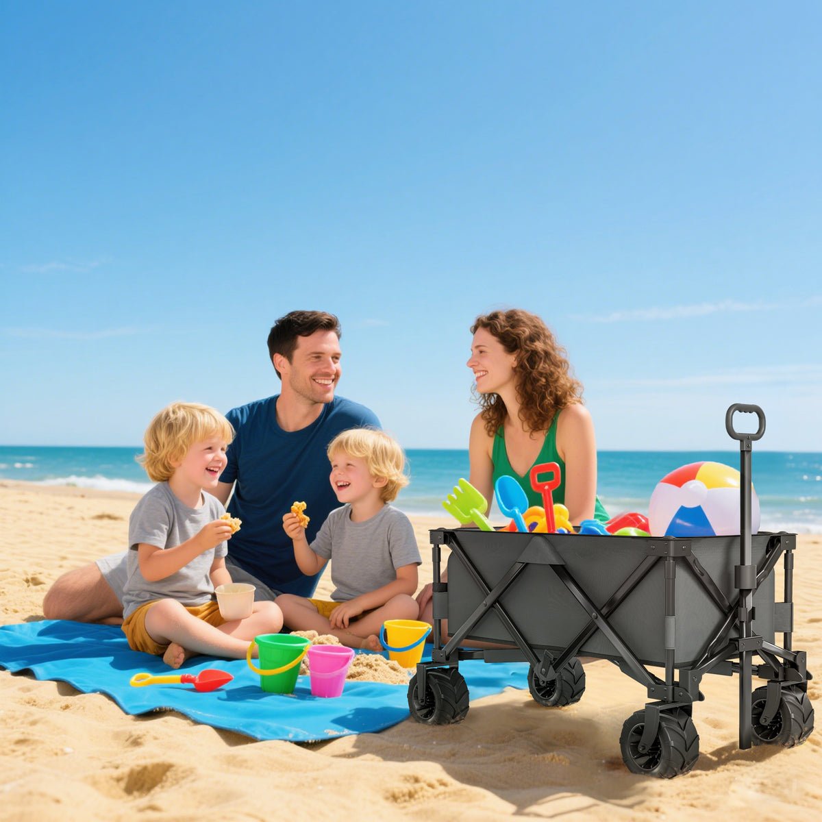 Dark gray folding cargo wagon loaded with beach toys beside a family