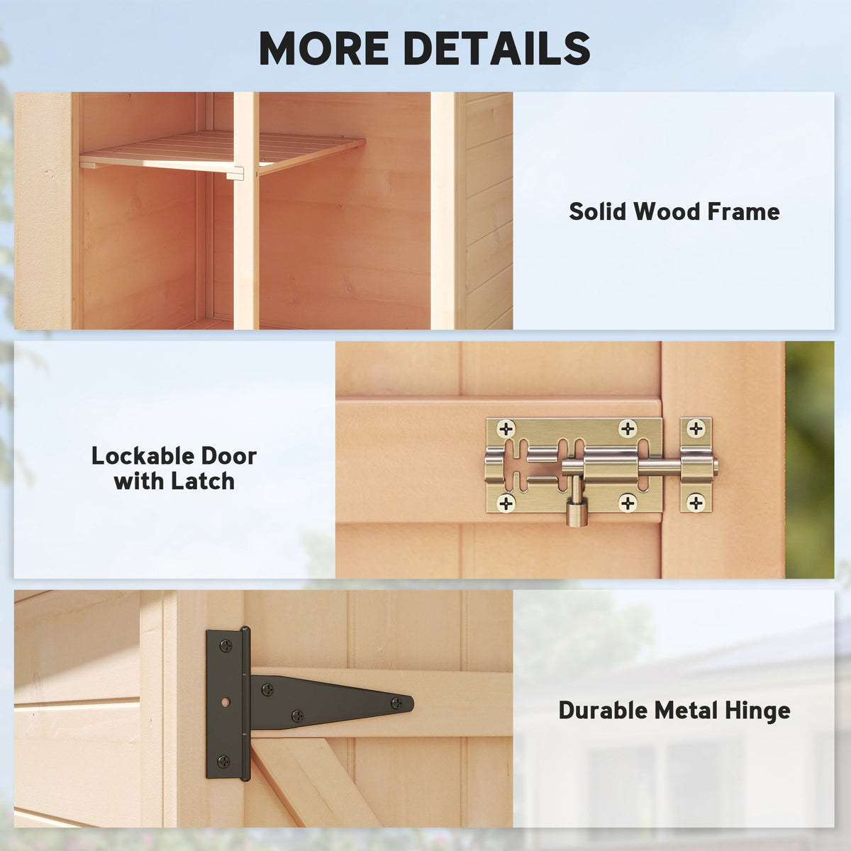 Outsunny wooden shed details showing shelves, solid frame, bolt latch, and metal hinge