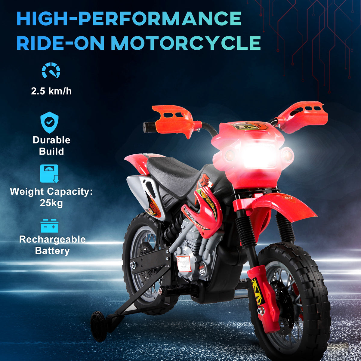 Red kids' electric ride-on motorcycle with headlight, rechargeable battery and training wheels.