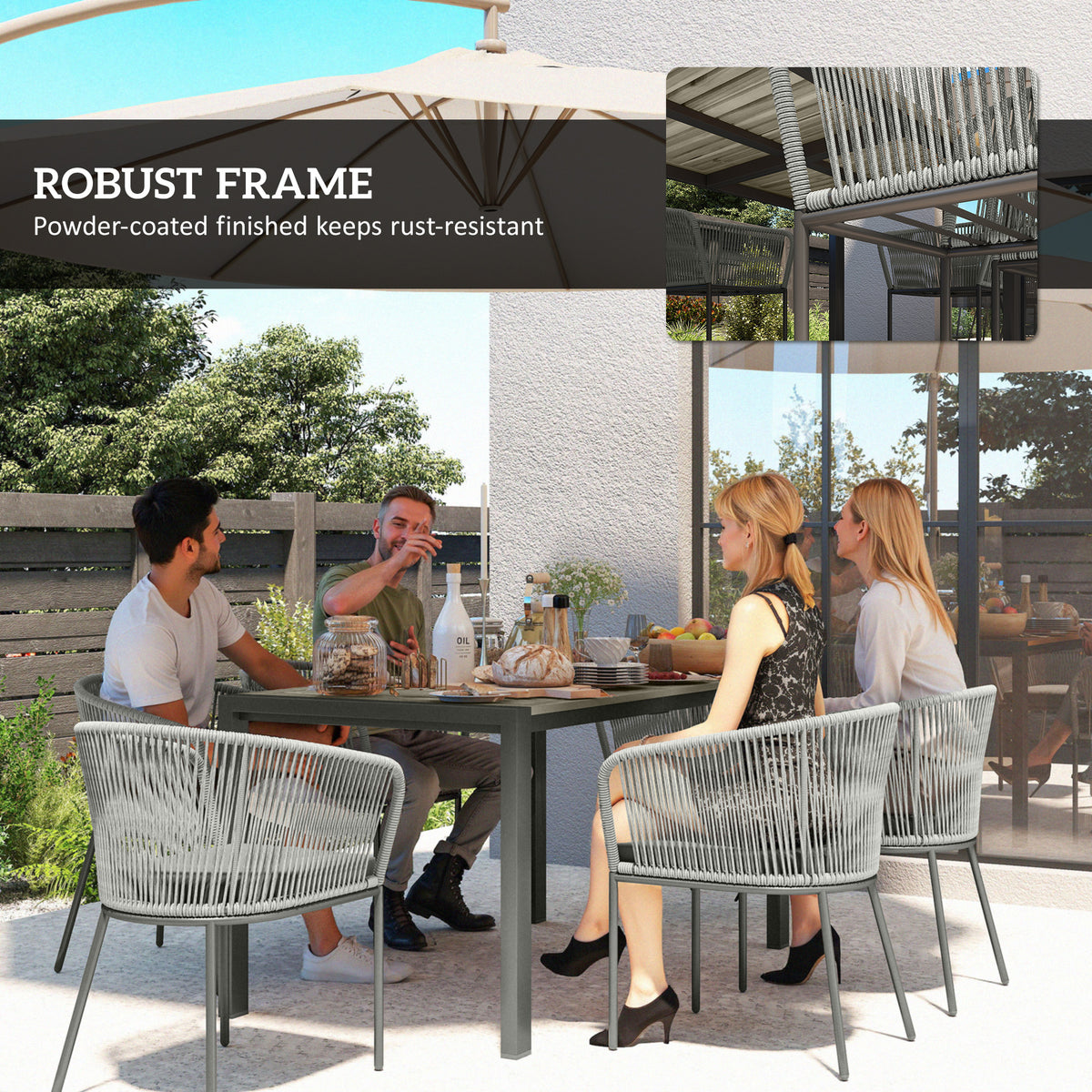 Grey rattan dining set with sturdy metal frames and six chairs