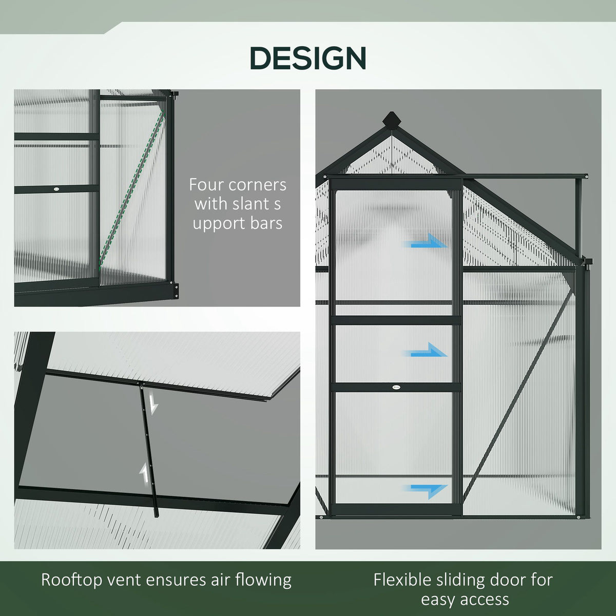 Greenhouse detail panels showing slant support bars, roof vent and sliding door