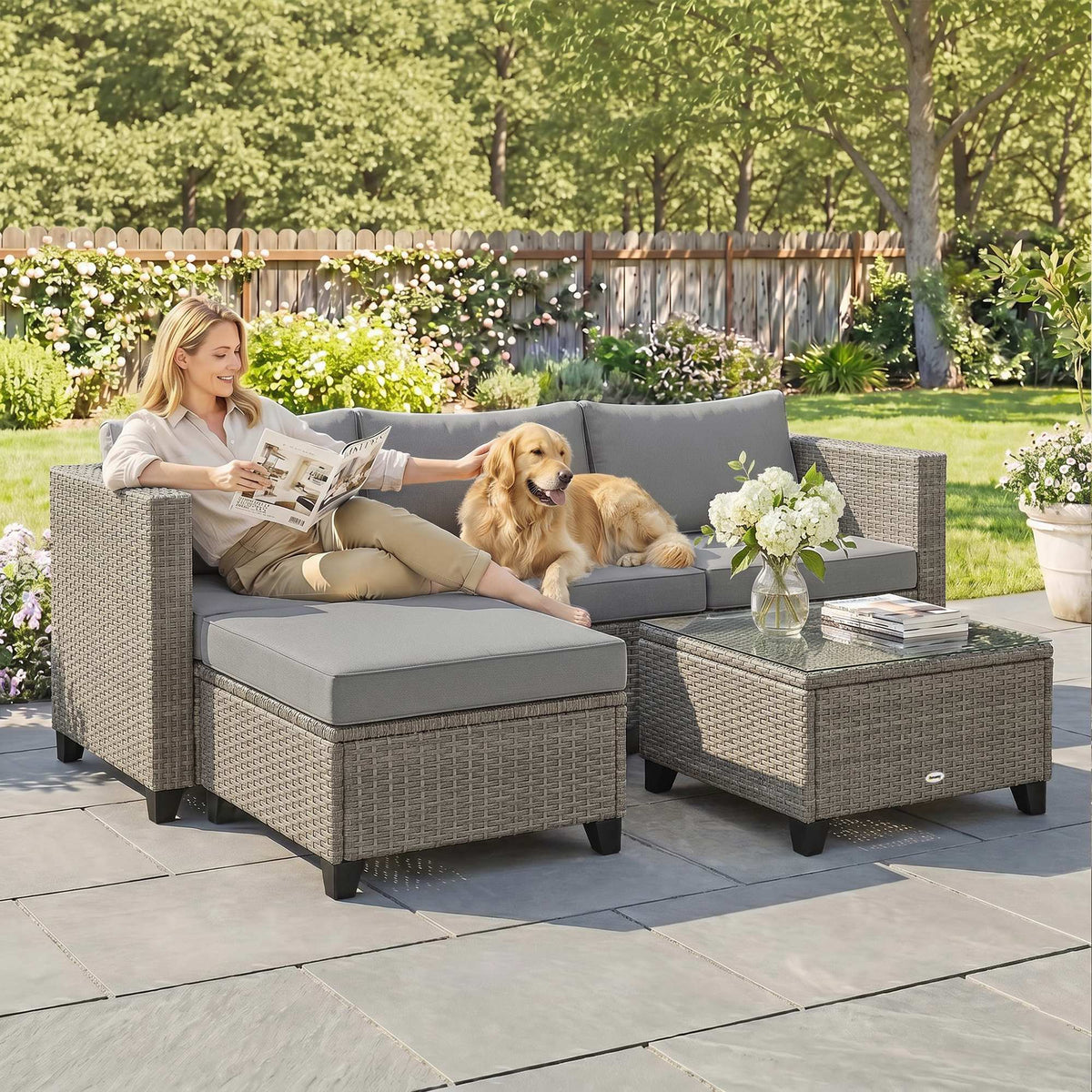 Outsunny 5-Piece Rattan Patio Furniture Set with Corner Sofa, Footstools, Coffee Table, for Poolside, Brown
