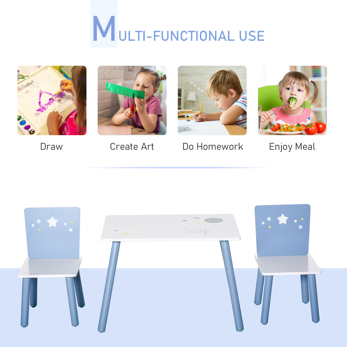 Kids' table and two-chair set with white tops, blue legs and star-patterned chair backs.