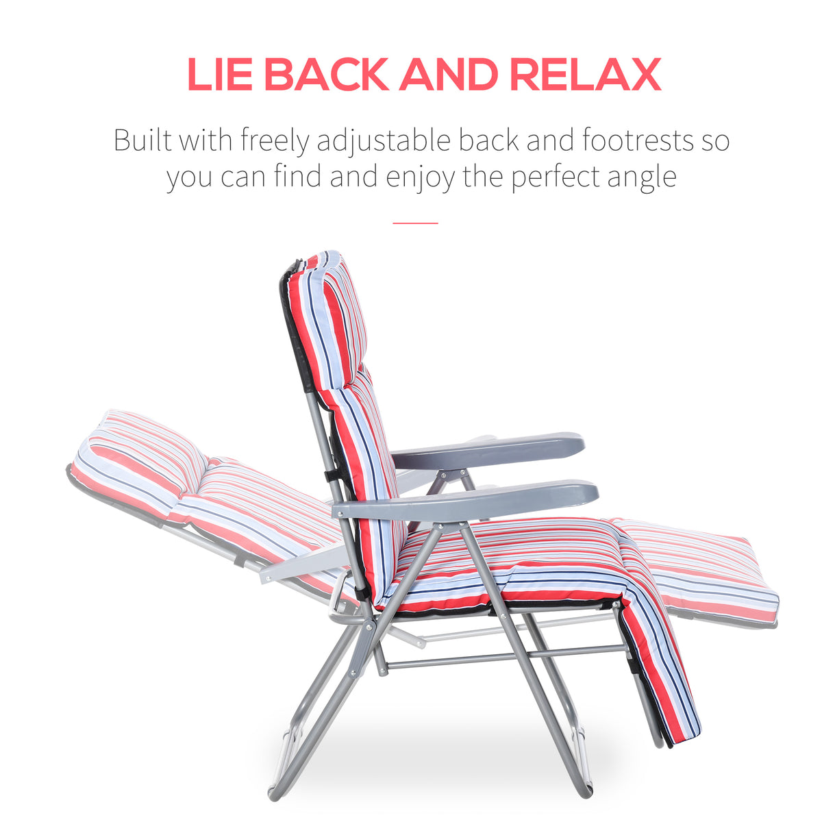 Adjustable reclining garden chair with striped cushion, extended footrest, and gray metal frame