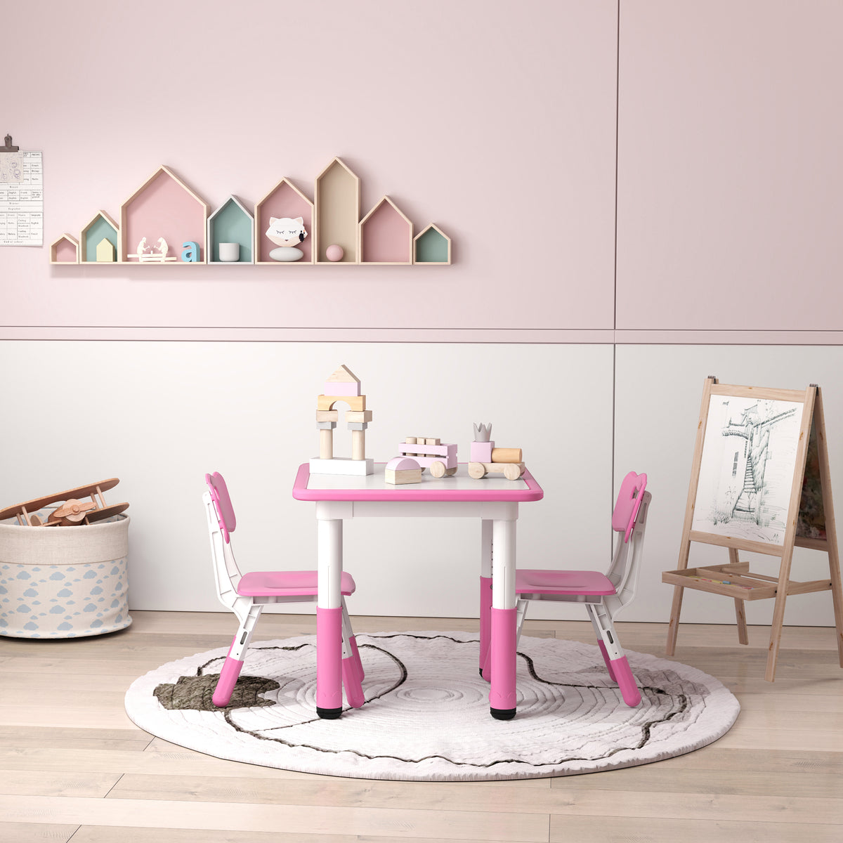 AIYAPLAY Height Adjustable Toddler Table and Chair Set, 3-Piece Children Activity Table w/ 2 Chairs for Playroom, Bedroom - Pink