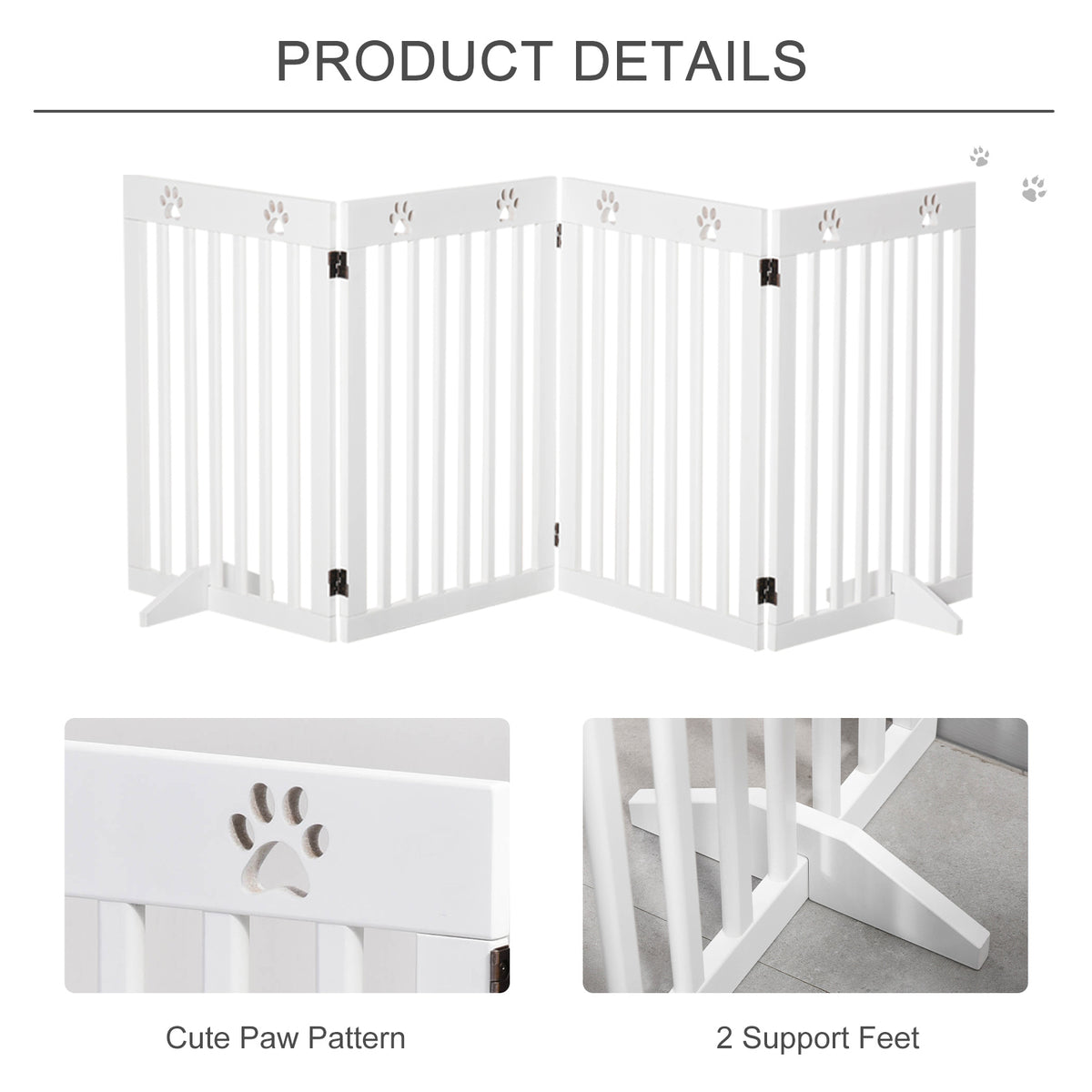 White folding pet gate with paw-print cutouts and two support feet