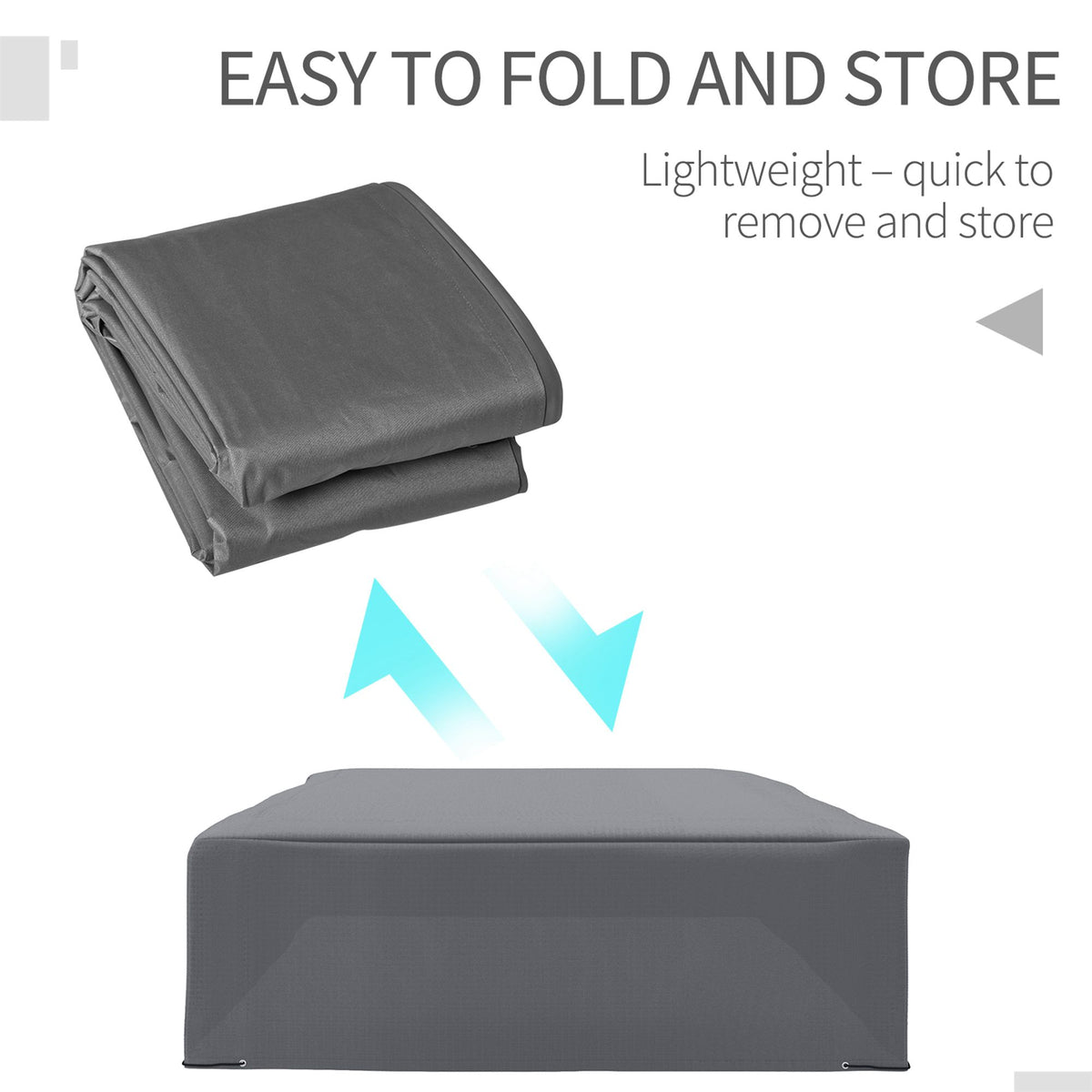 Foldable grey outdoor furniture cover shown folded for compact storage.