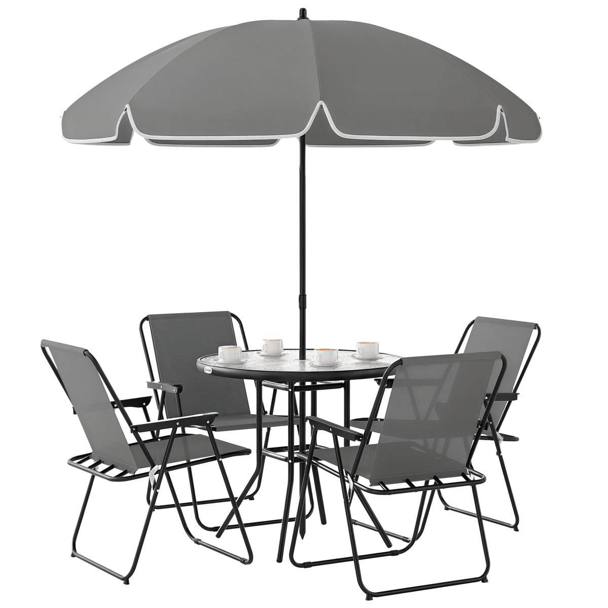 Photo of Outsunny 4 Seater Garden Furniture Set, 6 Pieces Garden Table and Chairs with Parasol, Outdoor Garden Dining Set with Folding Chairs and Round Glass Top Table for Patio, Grey in Grey colour on a white background