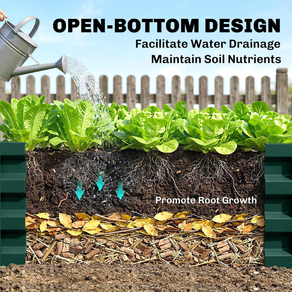 Open-bottom green raised garden bed shown with soil, roots, and drainage