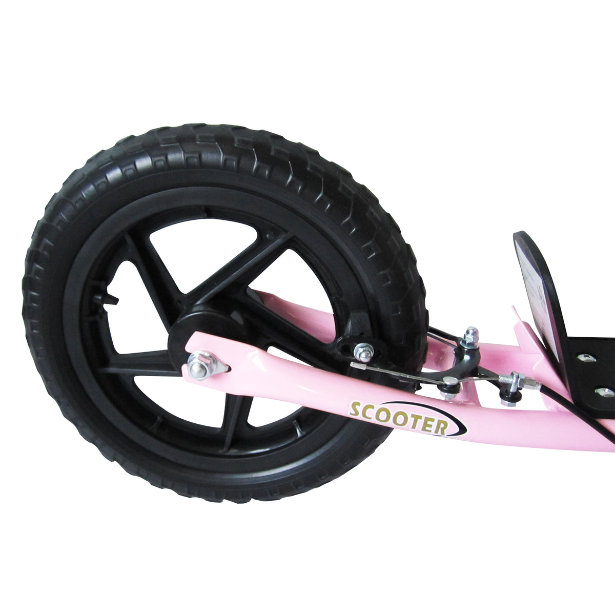 Close-up of the pink scooter's large black rear wheel and brake.