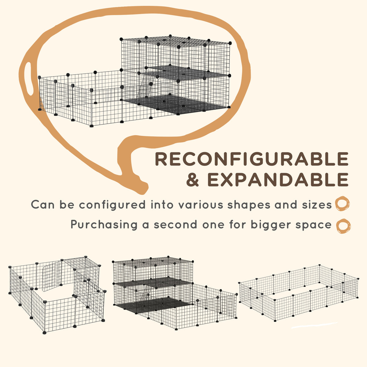 Reconfigurable black wire pet playpen shown in several layouts, including expanded configurations.