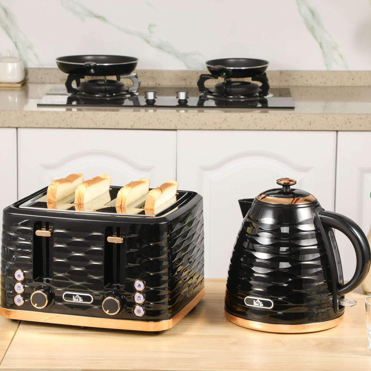 HOMCOM Kettle and Toaster Sets, 3000W 1.7L Rapid Boil Kettle & 4 Slice Toaster with 7 Browning Controls, Defrost, Reheat and Crumb Tray, UK Otter thermostat, Black