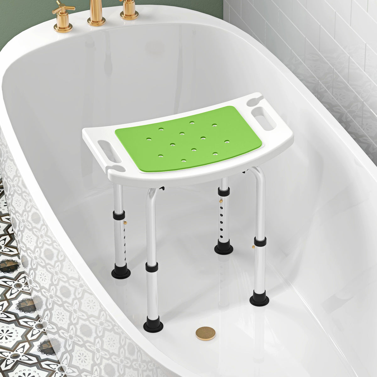 HOMCOM Shower Chair, Adjustable Height Shower Stool with Aluminium Frame and Non-Slip Feet, Bathtub Stool Seat with Padded Seat for Elderly Disabled Handicap, Green