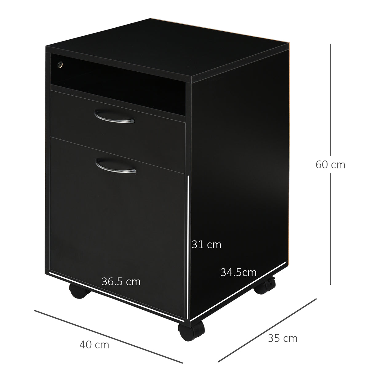 Black filing cabinet with open shelf, two drawers, and casters; dimensions shown.