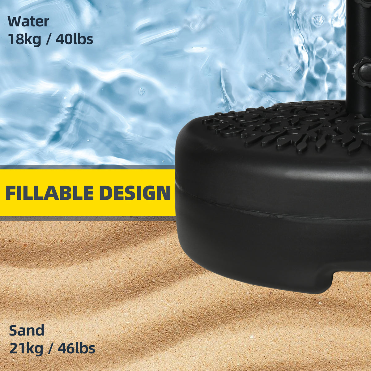 Black fillable half-parasol base; holds up to 18 kg of water or 21 kg of sand