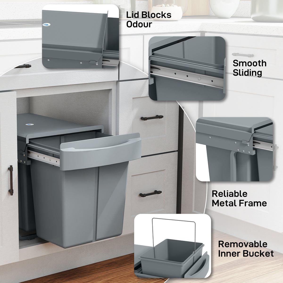HOMCOM Pull Out Bin, Kitchen Under Sink Bin with 2 Removable Compartments, Smooth Glide, Grey