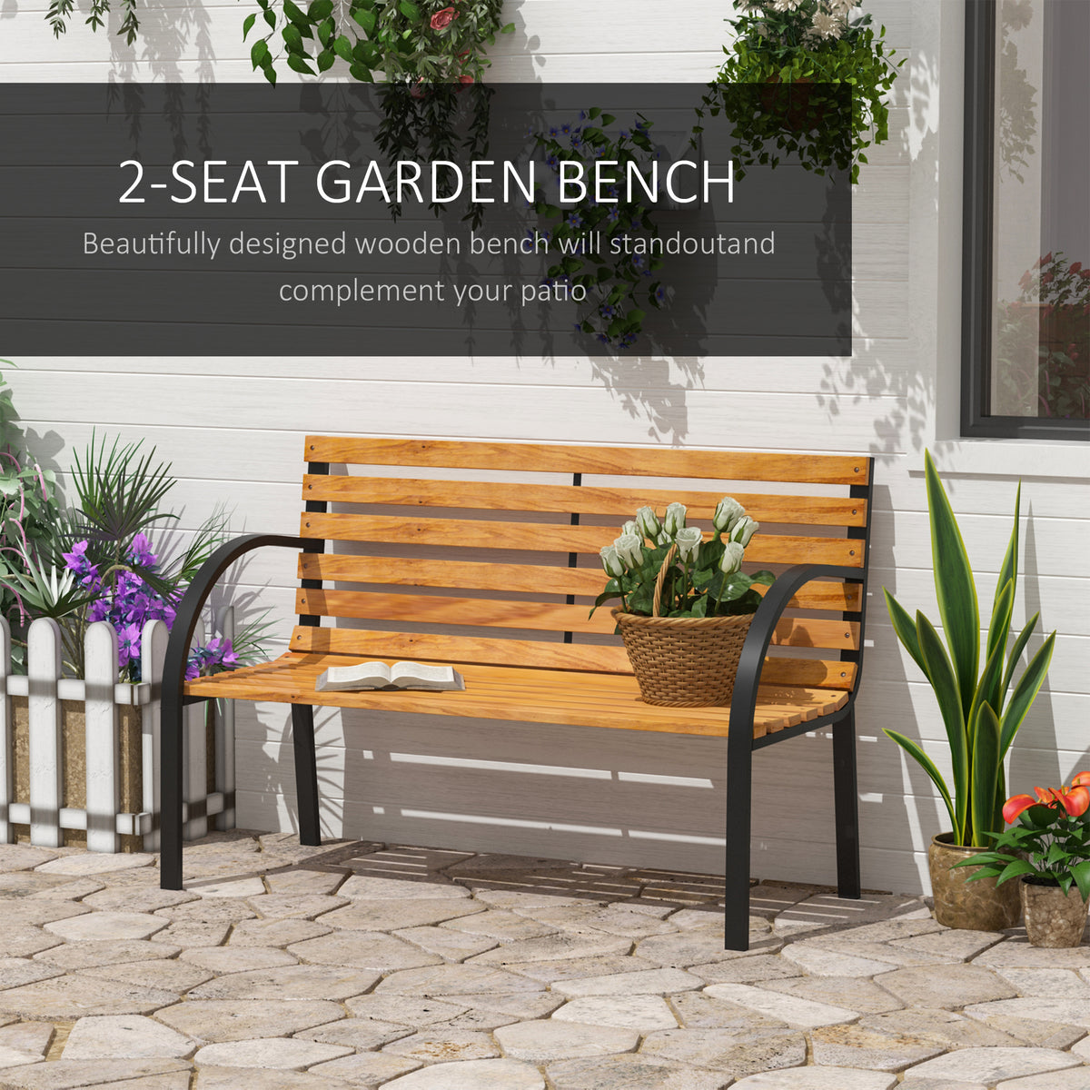 Two-seat wooden garden bench with black steel frame, shown on a patio