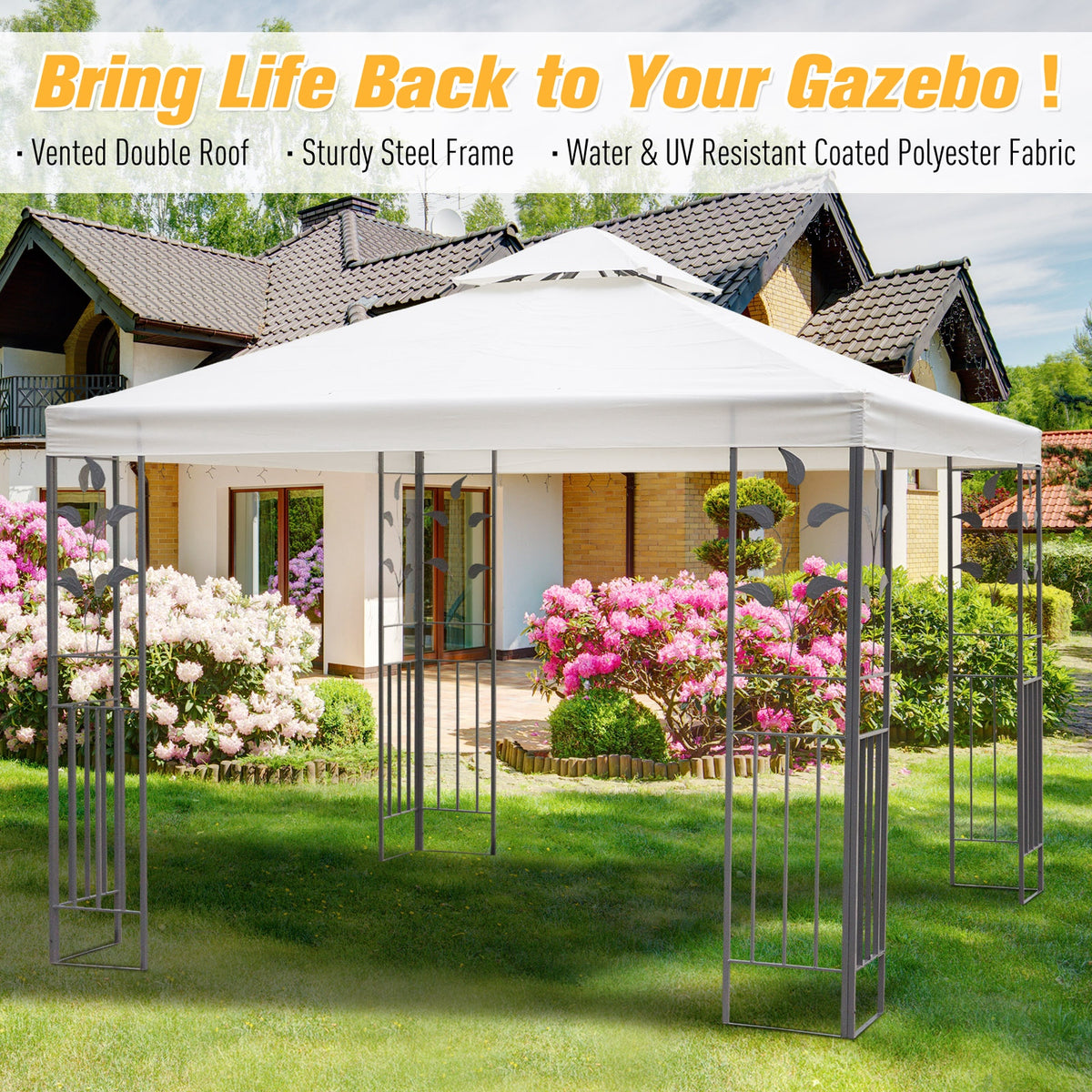 Outsunny cream two-tier steel gazebo with decorative frame, shown assembled outdoors