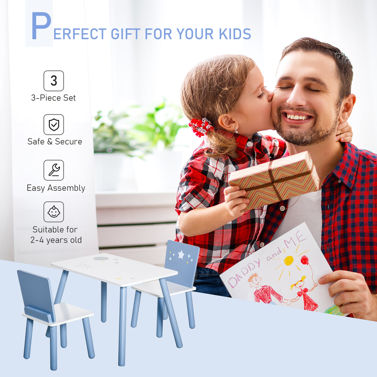 Three-piece kids' table and chair set with white surfaces, blue legs and star-patterned chair backs.