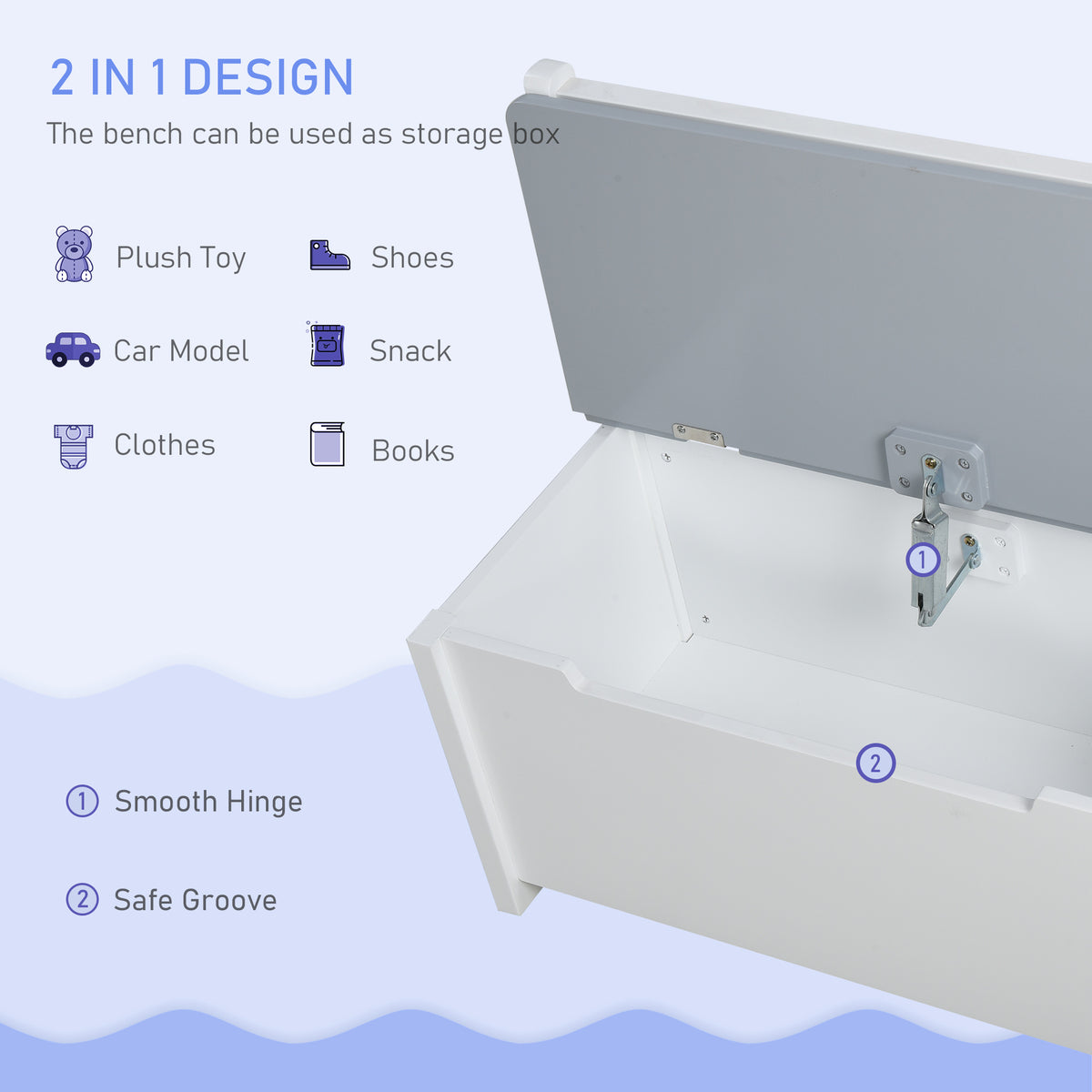 Storage bench with open compartment, safety groove, and smooth hinge