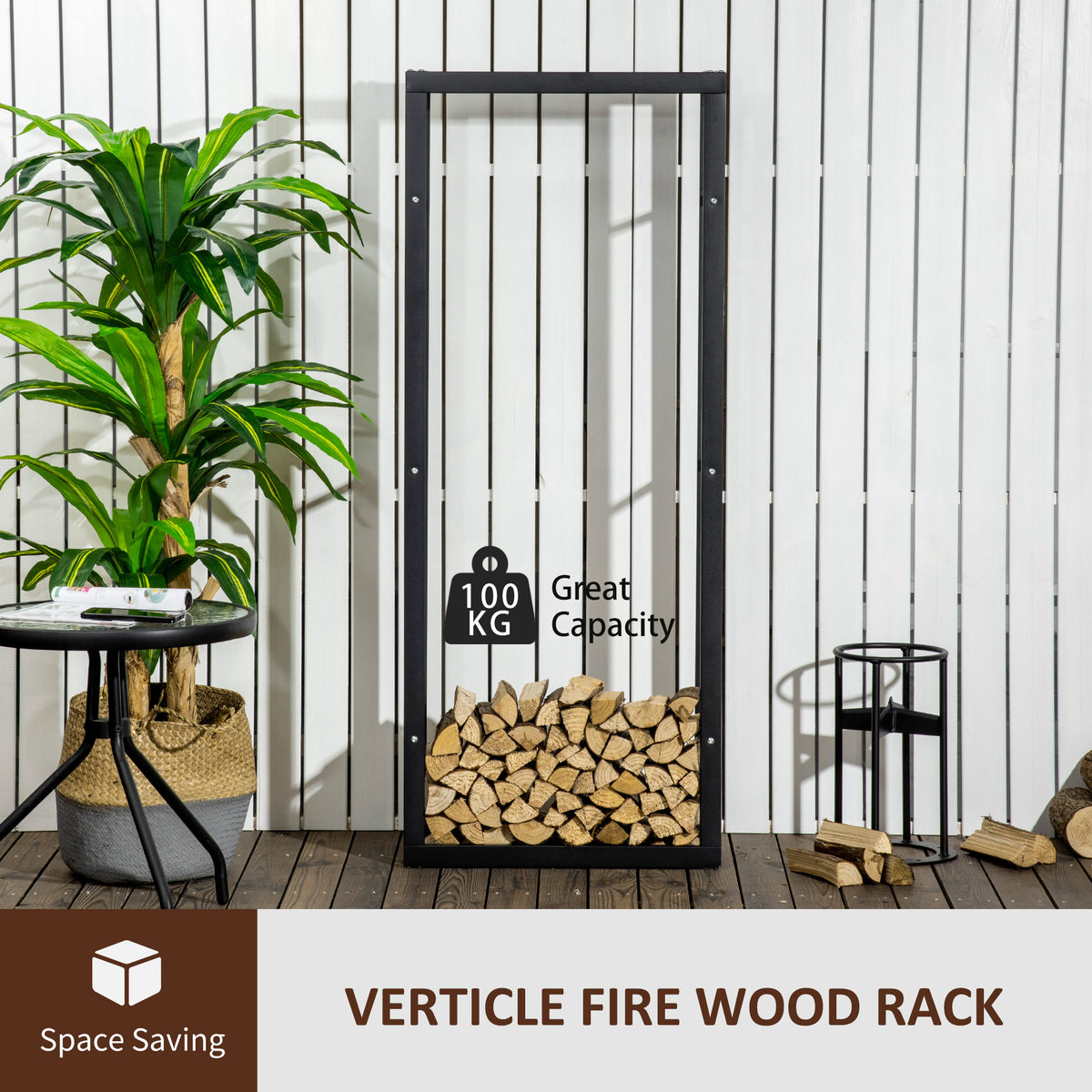 Tall black metal firewood rack holding logs, with a 100 kg capacity