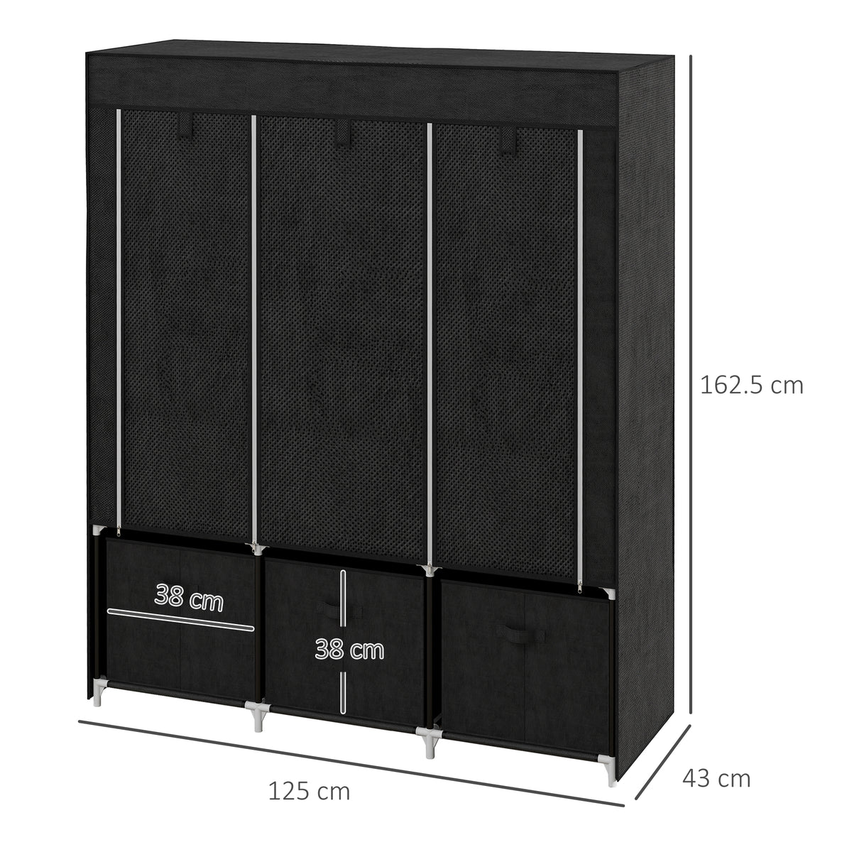Black fabric wardrobe with three drawers, shown with dimensions
