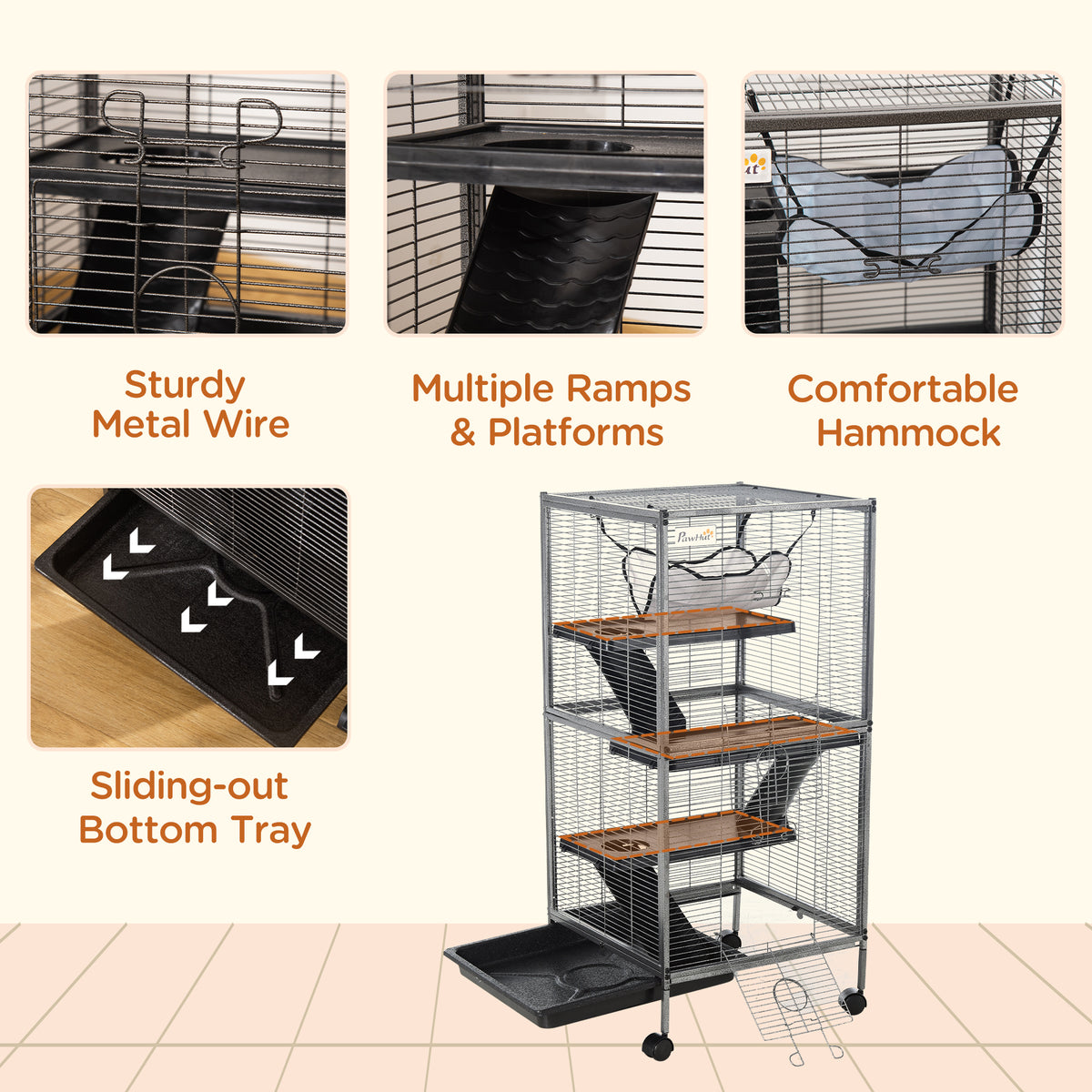 PawHut small animal cage featuring wire sides, ramps, platforms, hammock, and pull-out tray